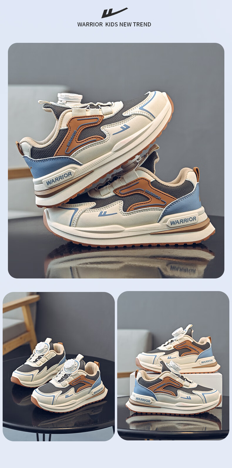 Warrior Boys' Spring and Autumn Sports Shoes Lightweight Running Shoes WZ(CL)-0875 Beige/Navy/Gray Size 31 5
