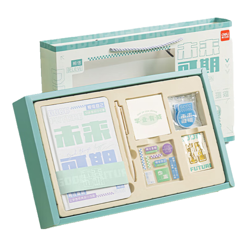Deli Notebook Gift Box Set with Bright Future Design, Graduation Gift (Gel Pen/B6 Hardcover Notebook/Stickers/Memo Pads/Metal Bookmark) SZ078