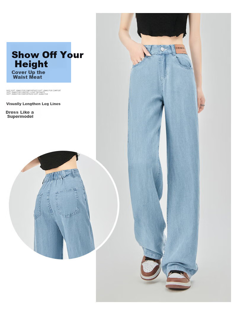 XUEXIMAN Tencel Jeans for Women, Summer Lightweight Slim Straight High-Waist Ice Silk Wide-Leg Pants, Casual Women's Trousers 10