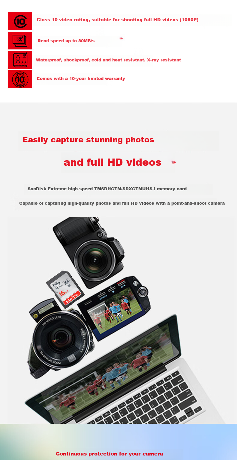 Sandisk 16GB SD Memory Card, C10 Extreme High-Speed Edition, Read Speed 80MB/s, Full HD Capture, Ideal Companion for Digital Cameras 2