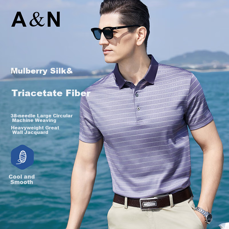 Andongniao [Three Acids & Mulberry Silk] Draping, Easy-Care Silky Cool-Feeling T-Shirt Short-Sleeve POLO Shirt for Men, Summer Luxury Top