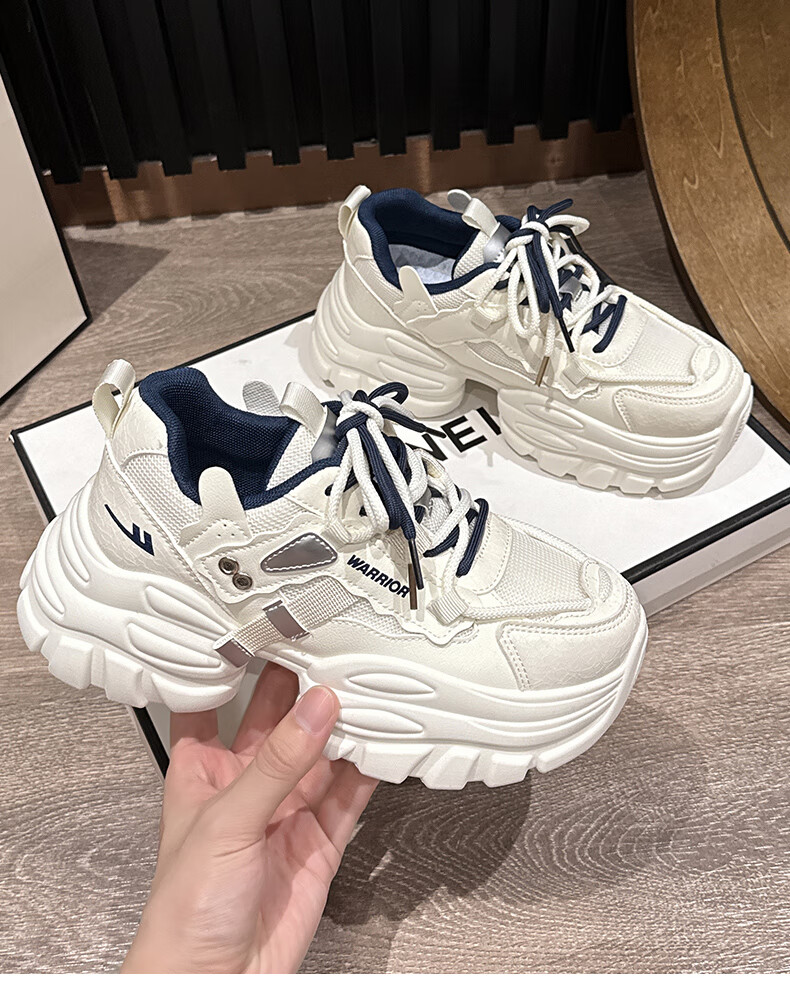 Huili Official Women's Shoes, 2026 Summer New Sports Shoes for Women, Height-Increasing Dad Shoes, Casual Women's Shoes, Beige Deep Blue, Size 39 11