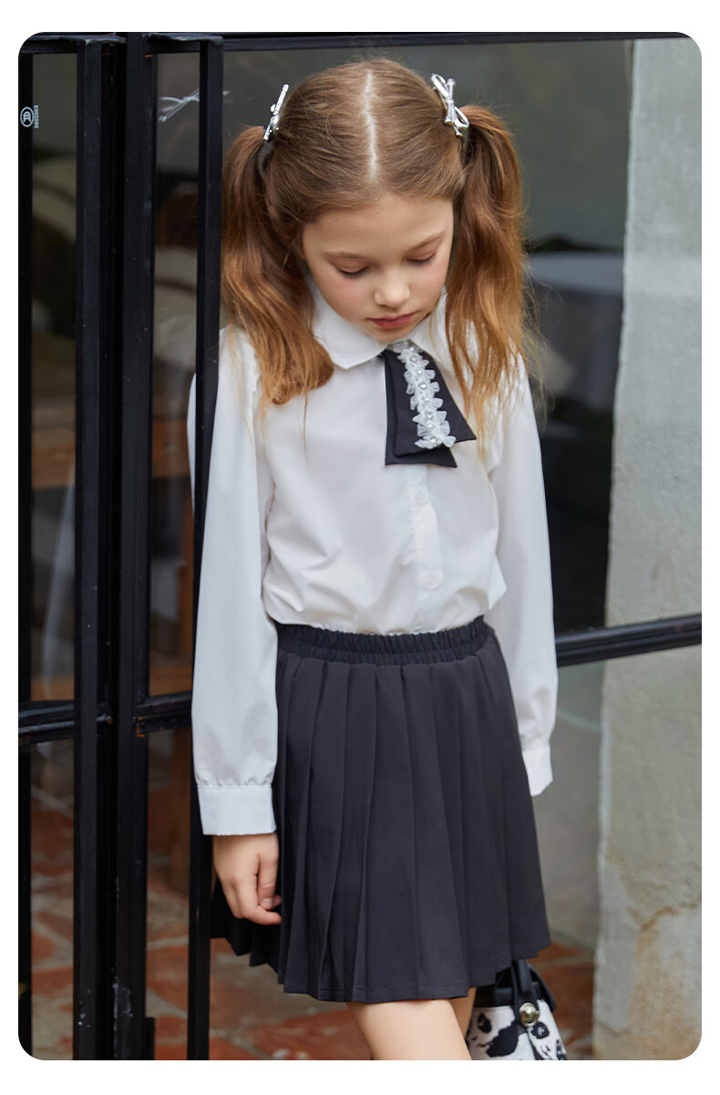 Follow Me Girls' Summer Set: Preppy Style Shirt Top And Pleated Skirt Two-Piece Set White/black 140 12