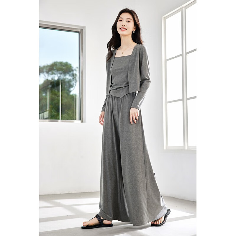 Fansiman Slimming Concealing Set for Women Autumn New Slim Fit Camisole Top Pants Skirt Casual Three-Piece Set Dark Gray XL