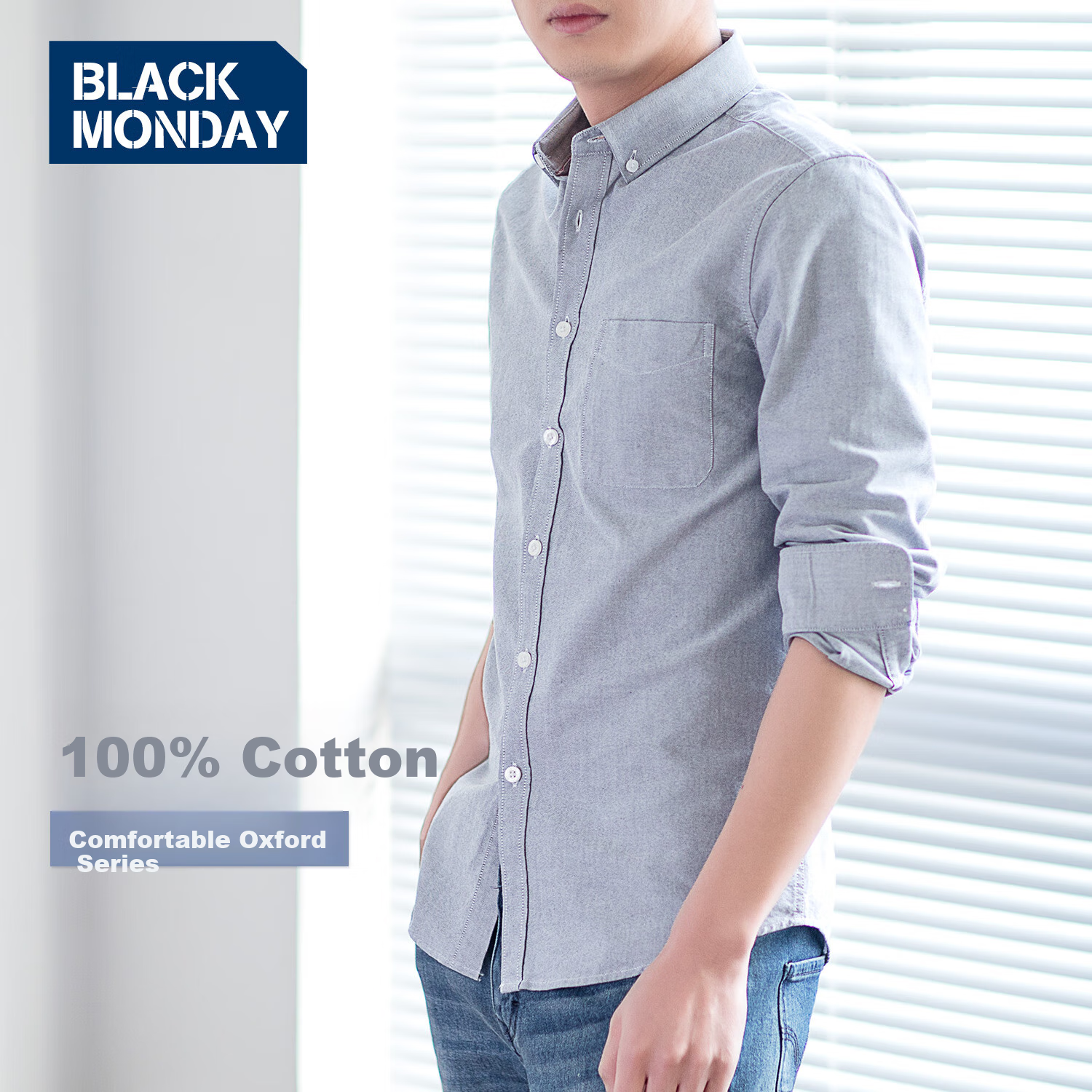BLACKMONDAY Men's Pure Cotton Long-Sleeve Shirt, Spring And Autumn Solid Color Business Casual Basic Wrinkle-Resistant No-Iron Dress Shirt