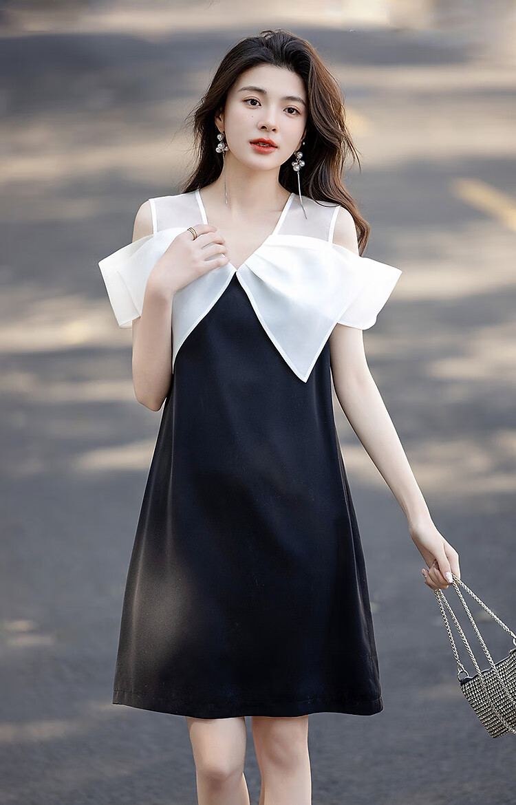 Dme [Xian Gan Shang Fen] Summer Princess Bow Tie See-Through Spliced V-Neck Draping 80D Linen Women's Dress 5