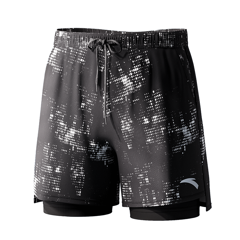 ANTA Men's Swim Trunks Double-Layer Quick-Dry Breathable Loose-Fit Beach Shorts Black M