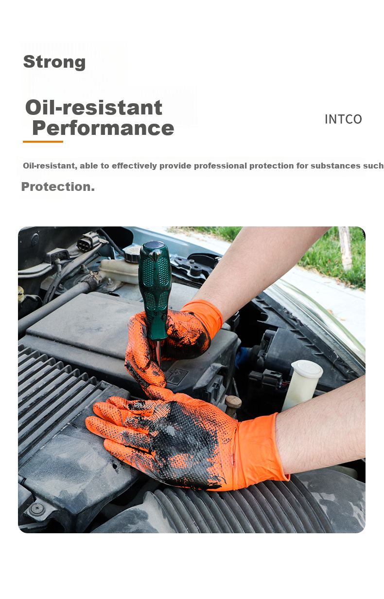 INTCO Diamond Pattern Nitrile Gloves, Extra Thick Durable Work Gloves, Orange, 30 Pieces/box, Size L 6