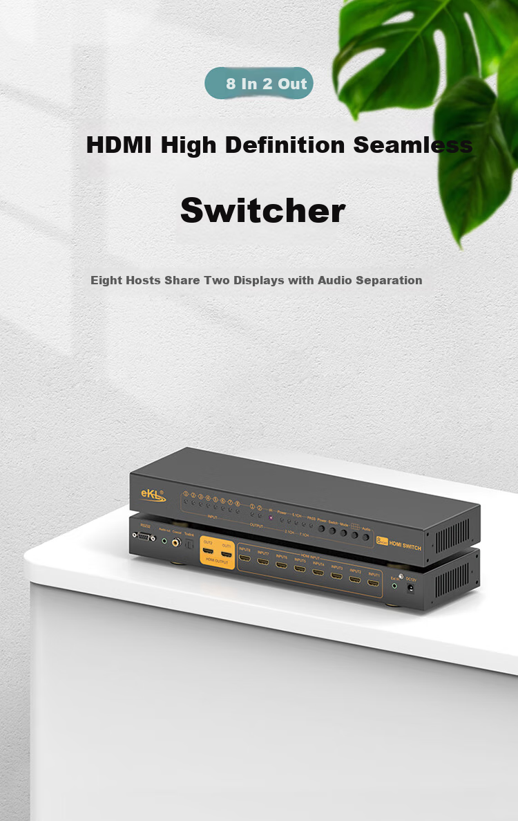 EKL High-Definition HDMI Seamless Switcher 8-In 2-Out 1-Out 4K Video Seamless Switching No Black Screen with Picture Splitter Computer TV VCR Audio Separation 812HA 2