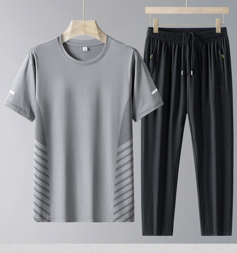 TUCANO Men's Summer Thin Ice Feeling Breathable Crew Neck T-Shirt and Casual Sports Pants Two-Piece Set Black XL 12
