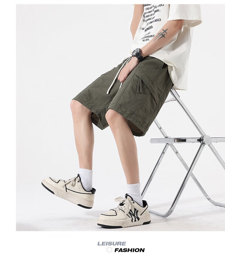 CLOR Men's Cargo Shorts, Summer Ice Silk Thin American-Style Loose-Fit Sports Five-Point Pants, Straight-Leg Pants MYY01 Black L 7