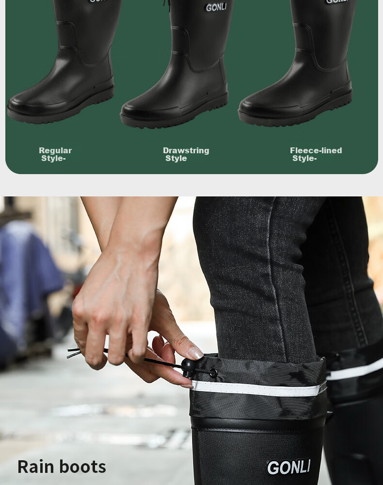 FOOTOPPO Stylish Mid-Calf Waterproof Drawstring Rain Boots for Men, Thick-Soled Non-Slip Water Shoes for Delivery Riders And Men's Outdoor Use 14