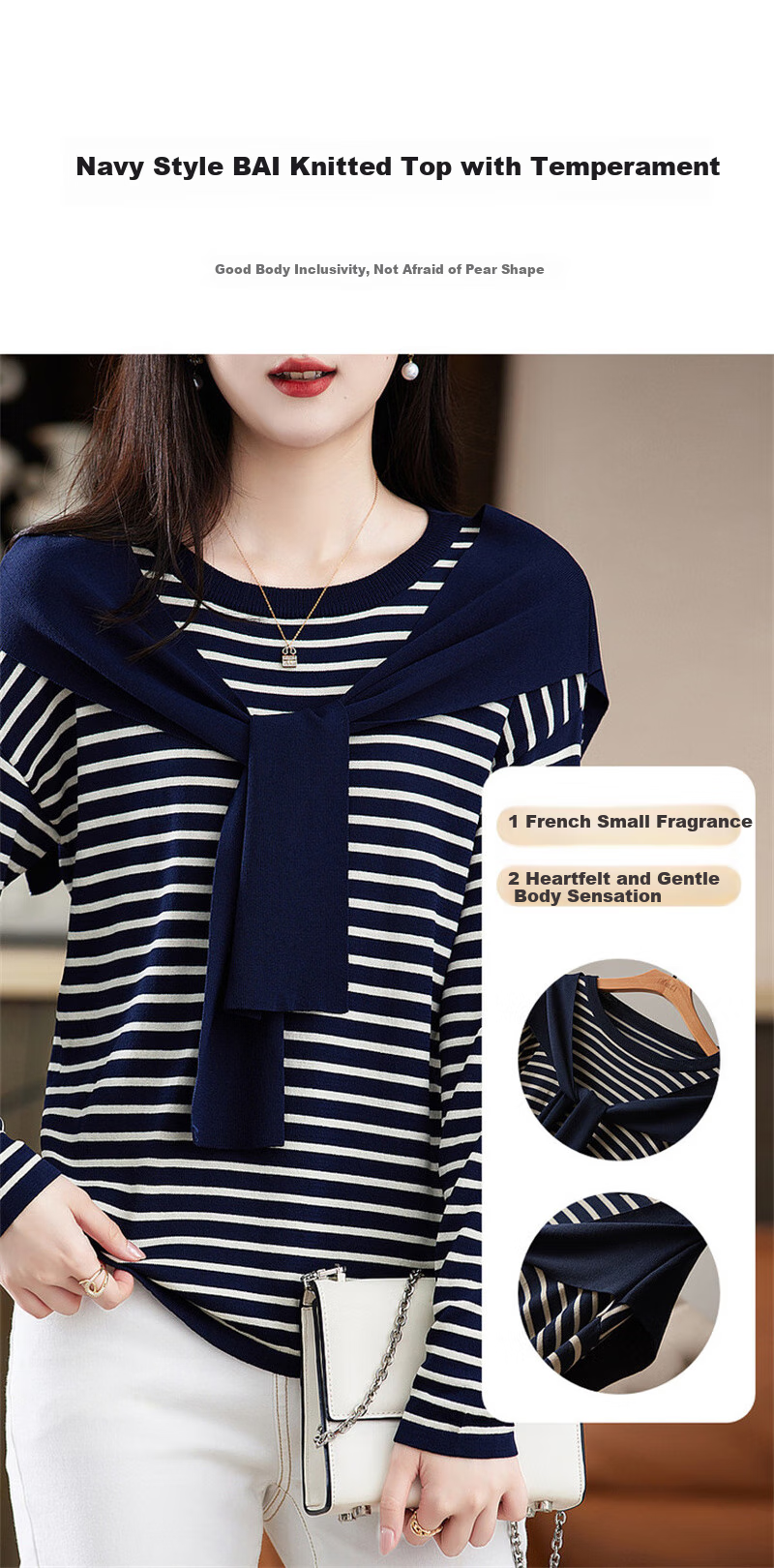 Dme [French Knit Sweater] Spring And Autumn Round Neck Double Curved Striped Contrasting Color Women's Knit Sweater, Off-White, XL 2