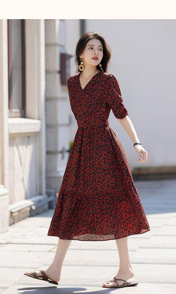 Demana [Passionate French Style] Summer Lightweight Chiffon Printed V-Neck Short Sleeve Waist-Cinched Ruffle Hem Elegant Women's Dress 17