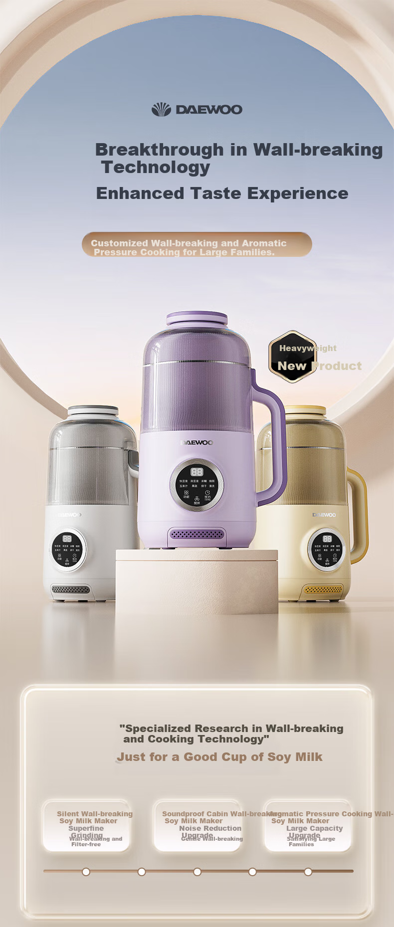 DAEWOO Detachable Quick-Wash Blender, Home Use, 1.2L Large Capacity, Steam Micro-Pressure Soy Milk Maker, No Soaking Required, Direct Grinding, Pulp-Free, Baby Food Processor, SM16 Purple 1