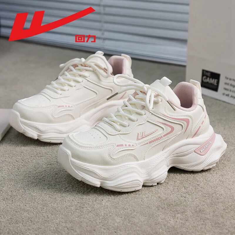 Warrior Women's Dad Sneakers 2026 Spring New Leather White Thick Sole Height Increasing Casual Sports Shoes