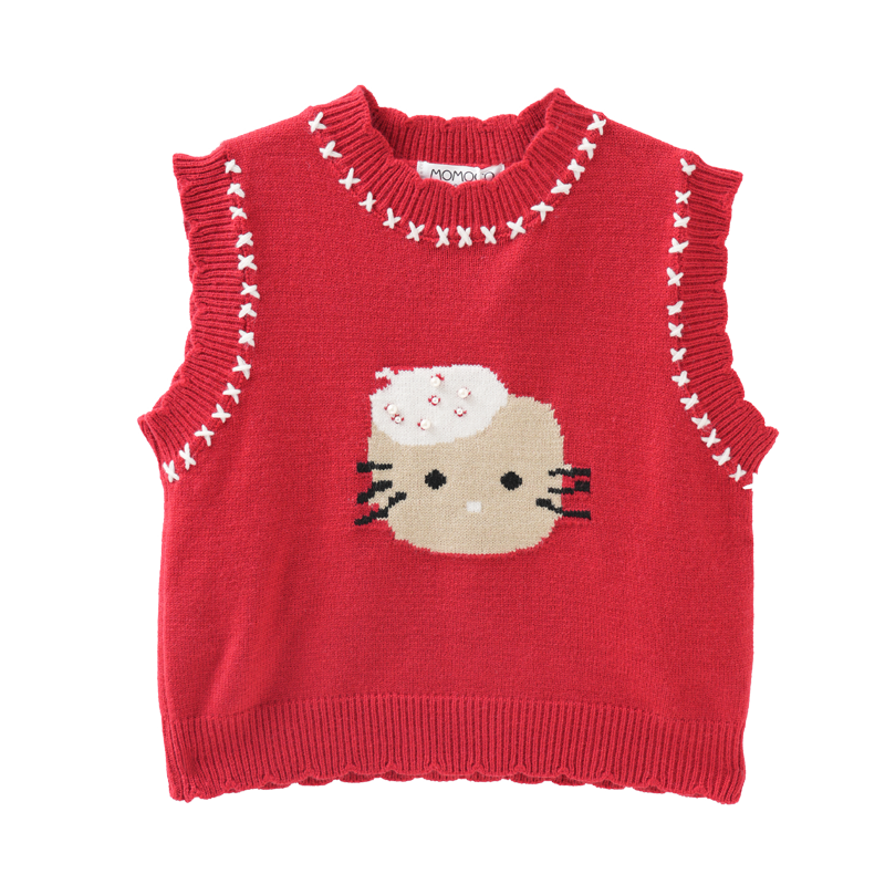 MOMOCO Girls' Vest Autumn Winter Inner Layer Sweet Stylish Cartoon Knit Vest Jacket Red 130