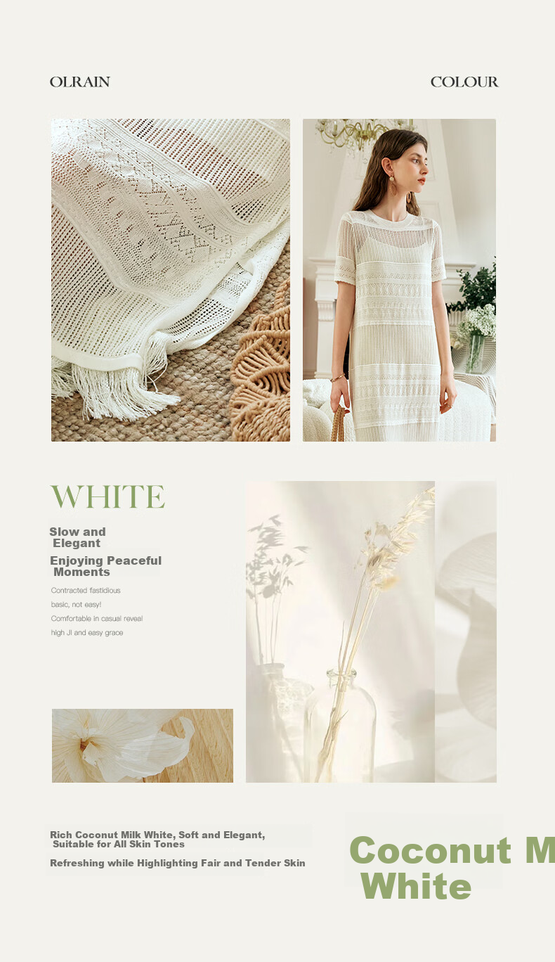Olrain Hollow Out Dress Women Summer Vacation Style Spaghetti Strap Two-Piece Knitted Long Dress Coconut Milk White S 9