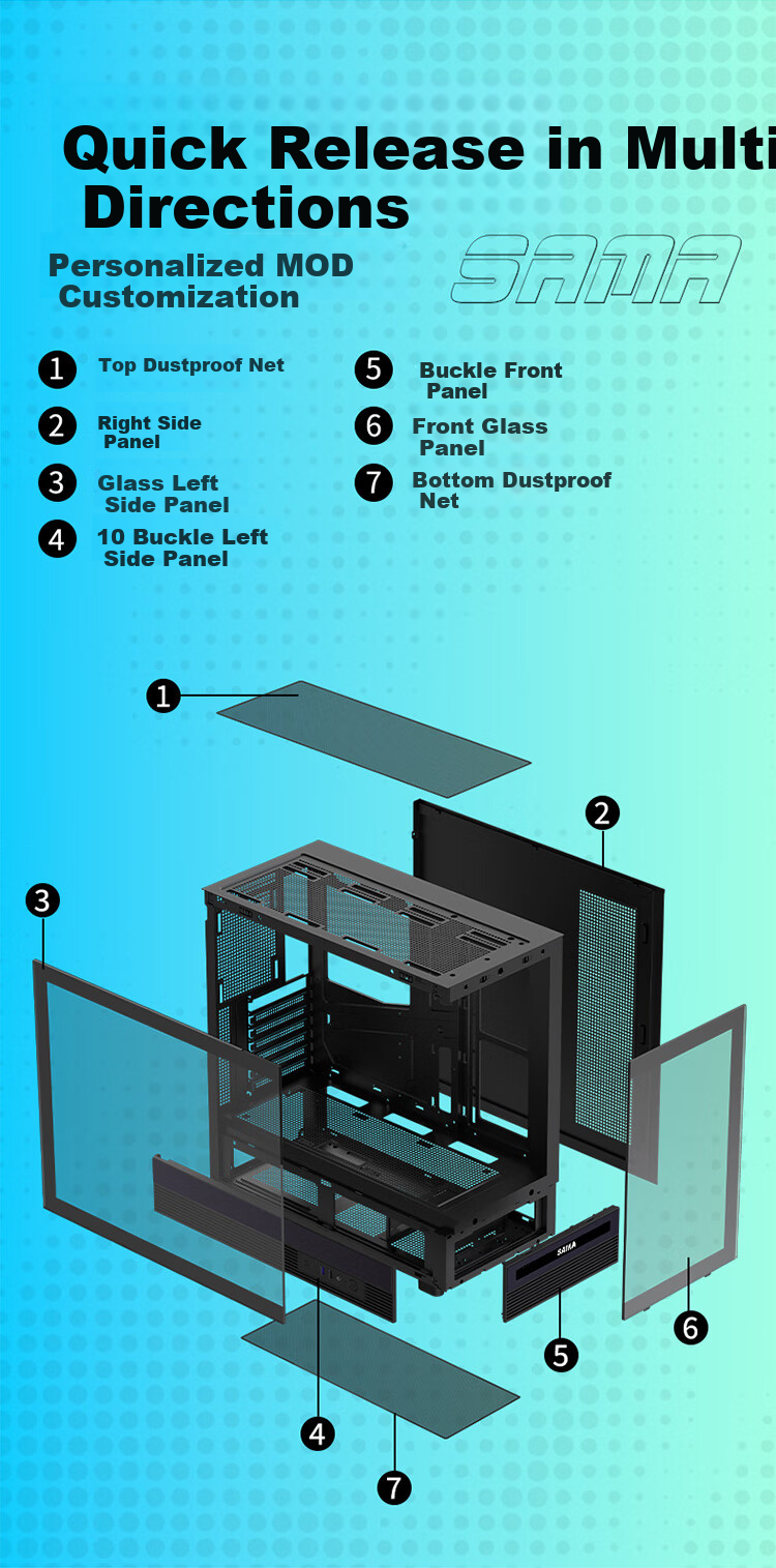 SAMA Jinghong Black ATX Panoramic Gaming Computer Case, 270° View/Double-Sided Glass/Supports 360 Water Cooling/9 Fan Positions/427mm Long Graphics Card Slot/U2+U3 6