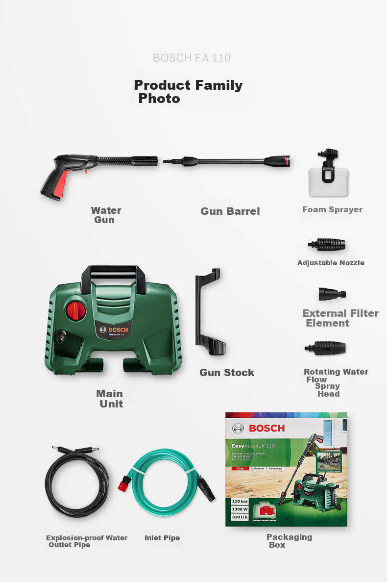 BOSCH EA110 Car Washer, High-Pressure Cleaner, 220V Household High-Pressure Water Gun, Car Washing Pump EA110 + 15-Meter Hose 8