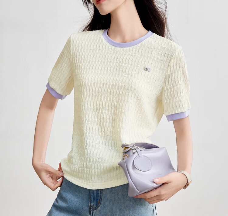 Sentubila Round Neck Short Sleeve Regular Shoulder T-Shirt for Women, Summer Contrasting Color Spliced Knit Top, Elegant Versatile High-End Blouse 21