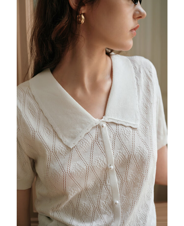 Olrain White French Style Hollow Knit Pullover Women's Summer Tweed Top White S 16