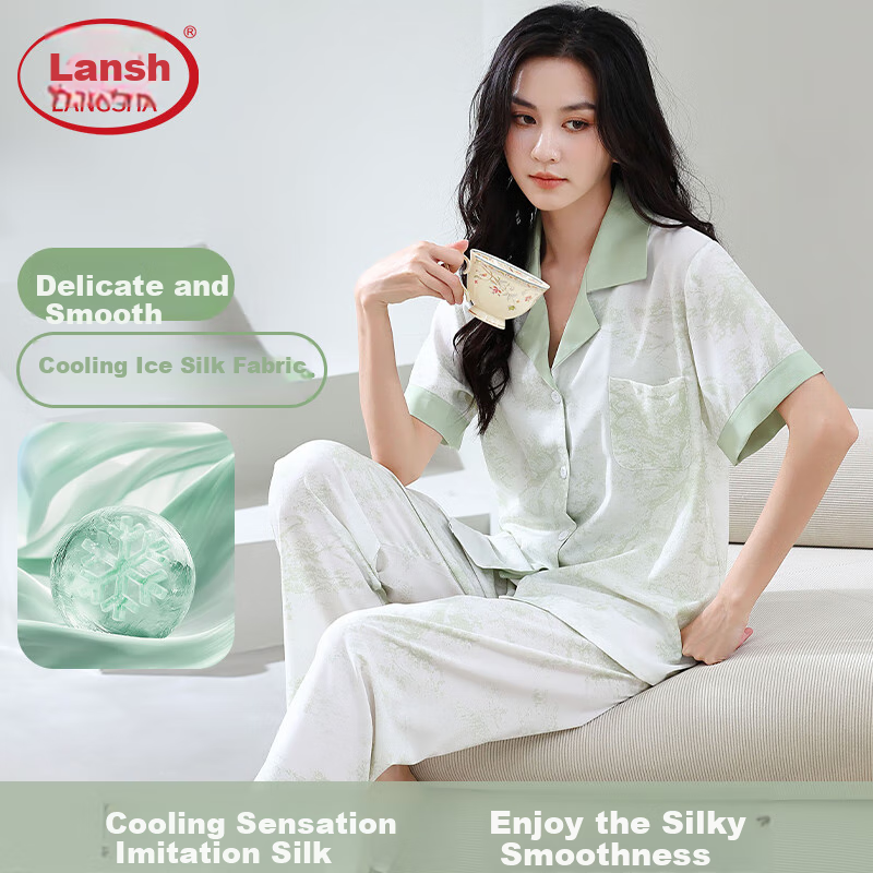 Женский пижамный комплект LangSha, шелковистый, дышащий, летний, домашняя одежда, зеленый, размер M