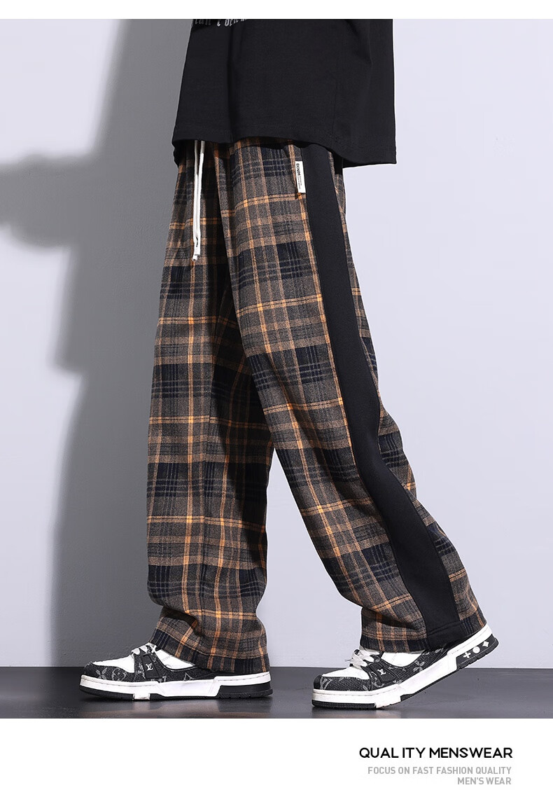 IZEXX Men's Plaid Pants, Summer American Straight Wide-Leg Loose Versatile Casual Pants, Sporty Retro Style ZL27 Gray L 6