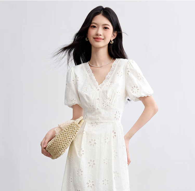 Sentubila Pure Cotton Lace V-Neck Lantern Sleeve White Dress for Women, Summer Elegant Pearl Button Embroidered A-Line Slimming Mid-Length Dress 16