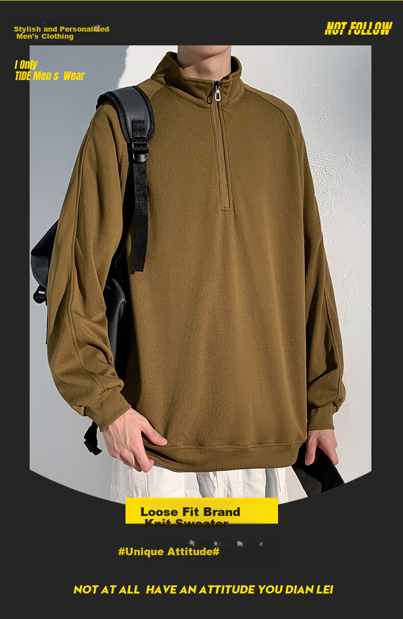 Homlean American-Style High-Quality Hoodie for Men, Autumn Loose-Fit Trendy Pullover Stand-Collar Half-Zip Base Layer HM06 Gray L 2