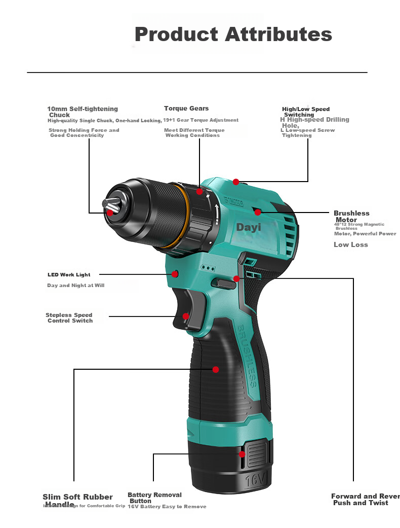 Dayi Electric Drill, Lithium Battery Rechargeable Electric Screwdriver, 3305 SEA Household Power Drill, 16V Dual Power Tool Set 17