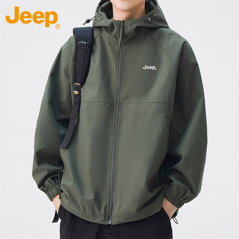 JEEPJEEP Men's Outdoor Jacket Autumn Winter Loose Hooded Casual Coat Dark Green 3XL