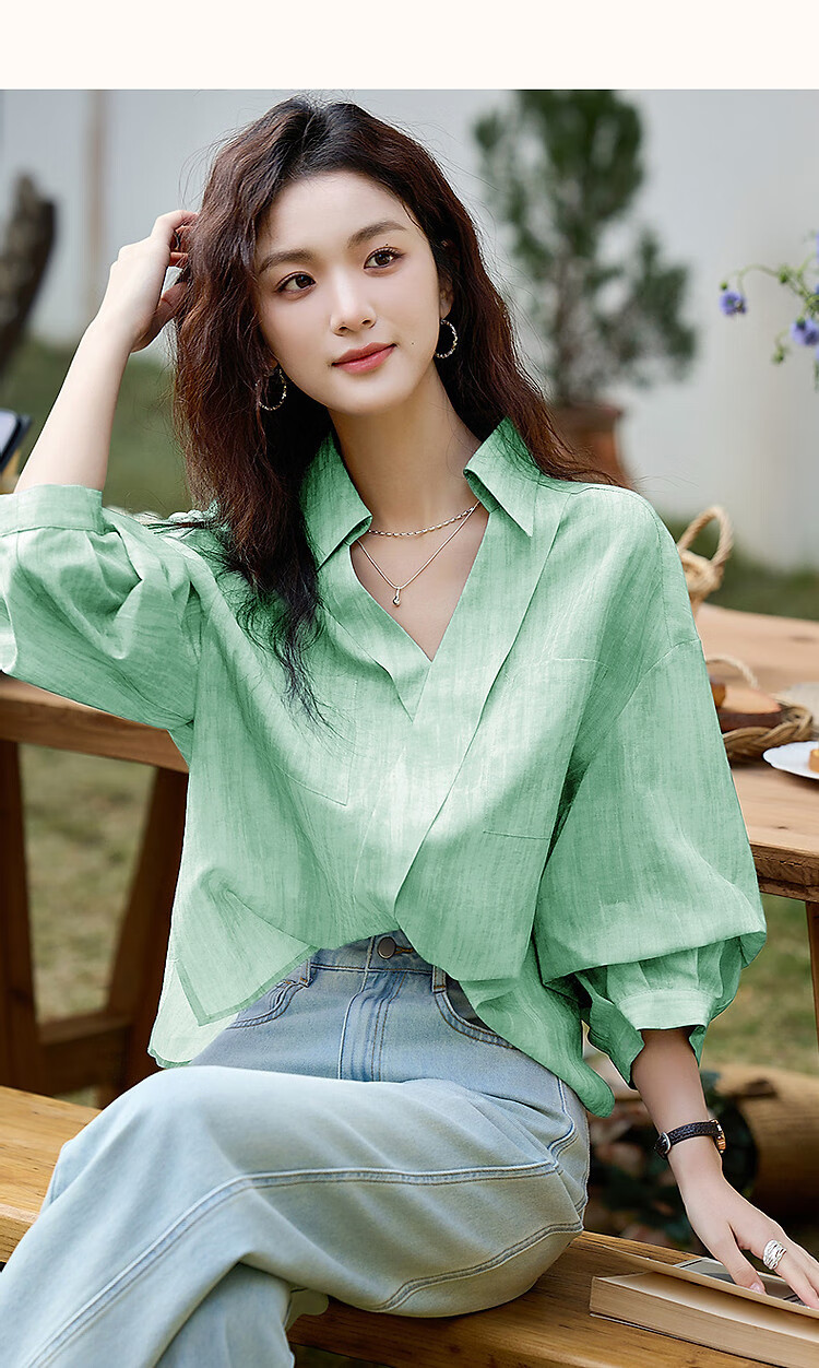 Dme [Art Student Outfit] Summer Artistic Gradient Lapel Shirt, Loose Comfortable Blouse, Women's Top 17