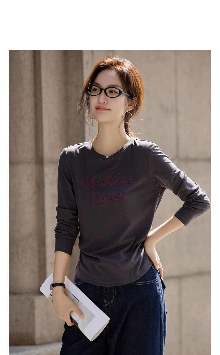 DME "Skin-friendly Cotton Ammonia" Autumn Design Color-blocking Letter Embroidery Round Neck Long Sleeve Petite Elegant Women's T-shirt 6