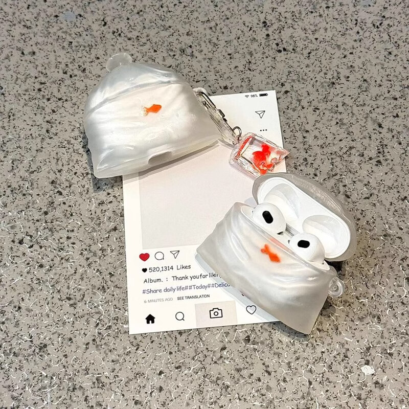 Beiyipin Fun White Transparent Garbage Bags with Goldfish Pendant, Suitable for Airpods 3, Creative Cute Airpods Pro 2, Apple Huawei Wireless Bluetooth Earphone Case, Silicone Protective Cover 4