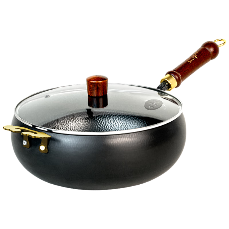 Guzhenjiang Large Belly Iron Wok, Non-Stick Frying Pan for Home Use, Non-Coated, Suitable for Induction And Gas Stoves, Three-Piece Set, with Handles, 28cm