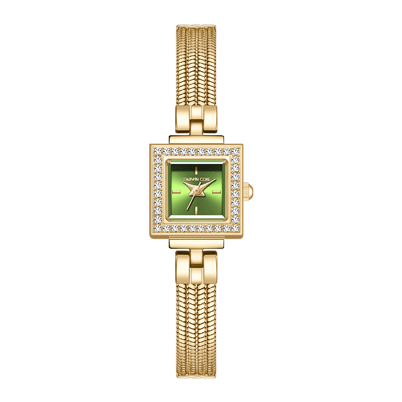 Darwin Core Daiwenke Small Gold House Green Women's Watch Luxury Diamond-studded Square Dial Birthday Gift for Girlfriend