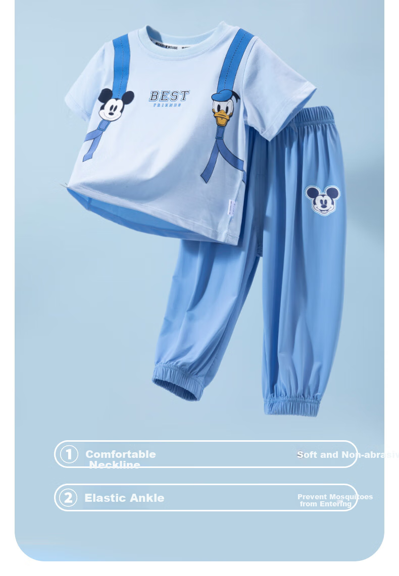 Disney Summer Boys' Short-Sleeve Pants 2-Piece Set, Cartoon Casual Versatile Comfortable Breathable, Light Blue, Size 90 4