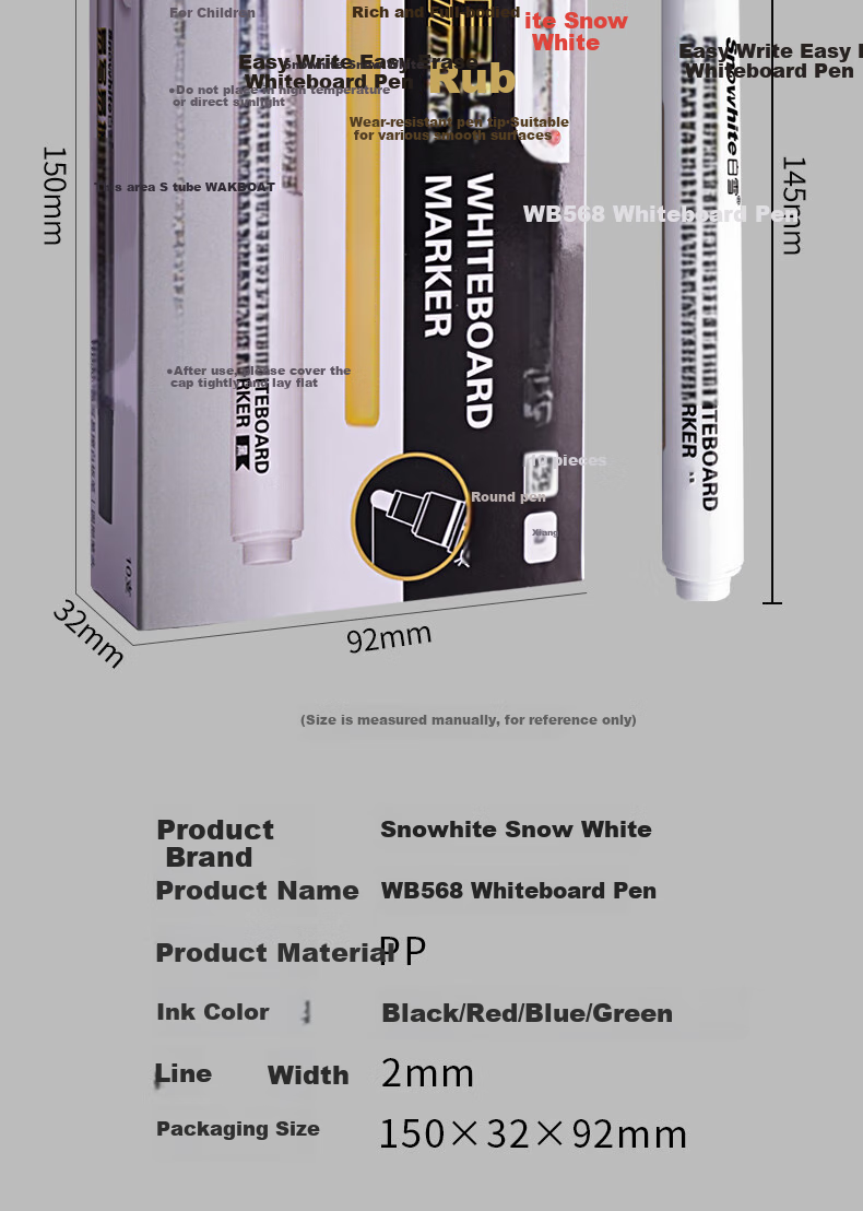Snowhite Whiteboard Marker Set with Thick Tip, Erasable, Smooth Writing, Durable And Long-Lasting. Office Supplies, Stationery for Meetings, Teachers' Training. Black, 10 Pieces/box, WB568 10