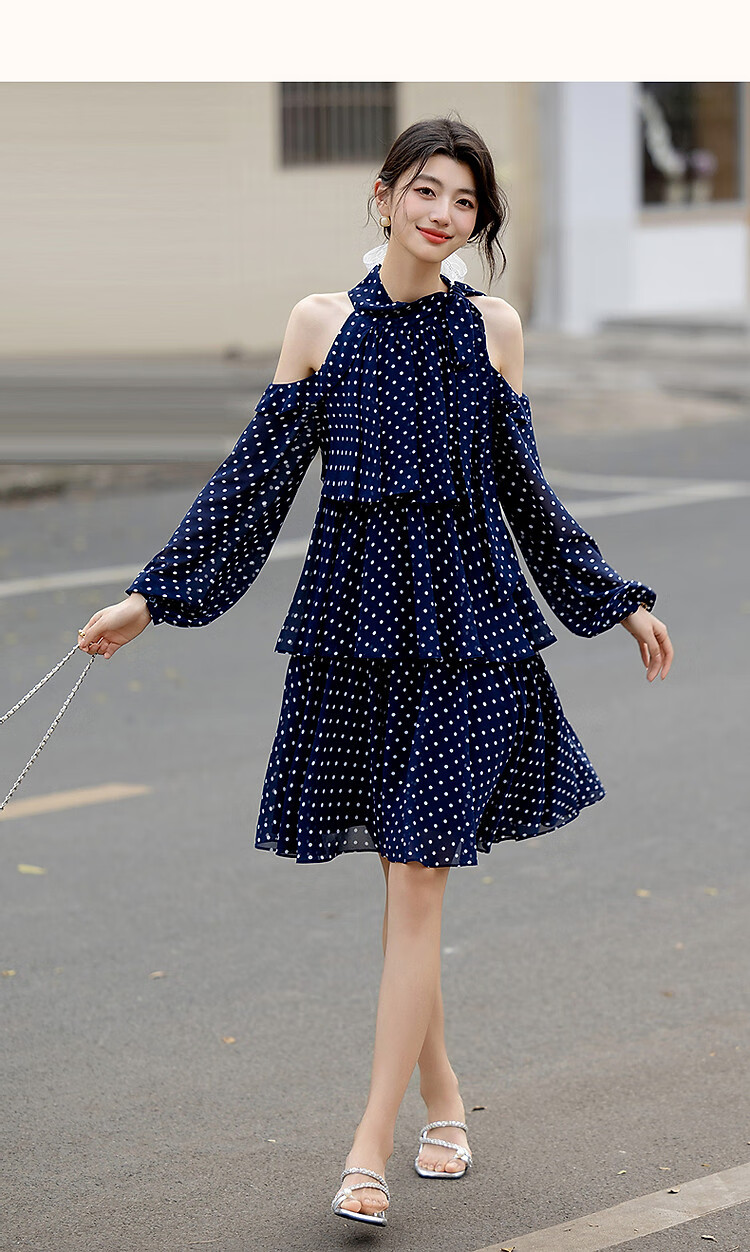 Dme [Lightweight Dots] Summer Girls' Style Vacation Tie-Waist Cake Skirt, Off-Shoulder Floral Elegant Women's Dress 10