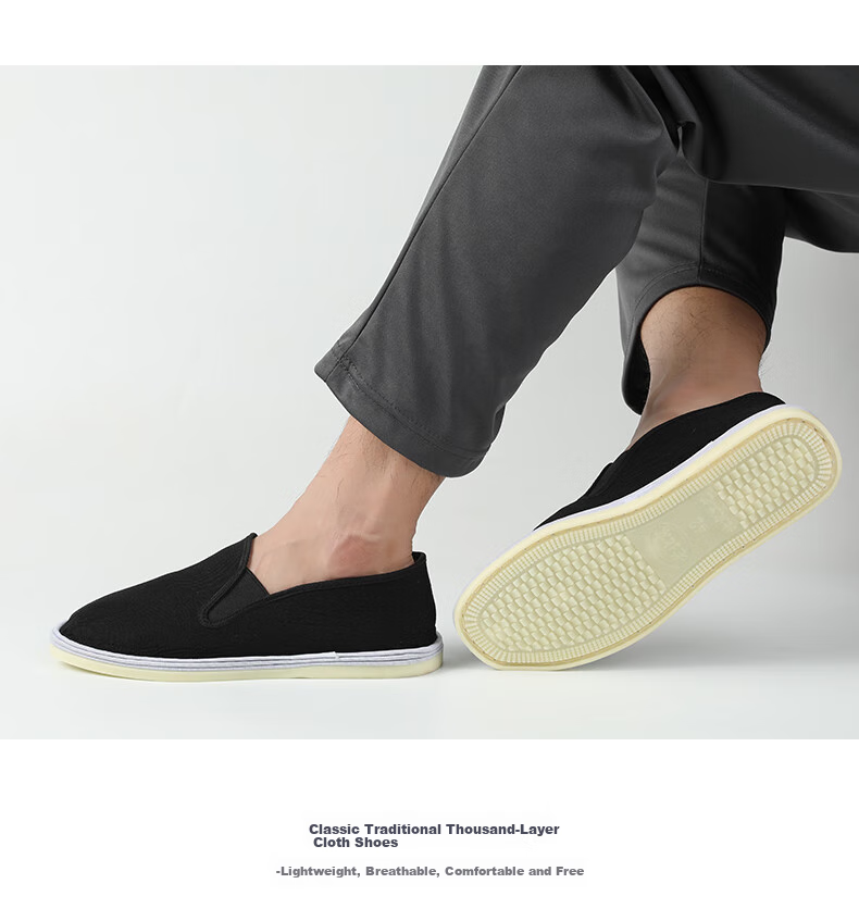 FOOTOPPO Men's Cloth Shoes with Traditional Beijing-Style Cowhide Soles, Slip-On Men's Breathable Soft-Soled Multi-Layered Shoes for Elderly 10