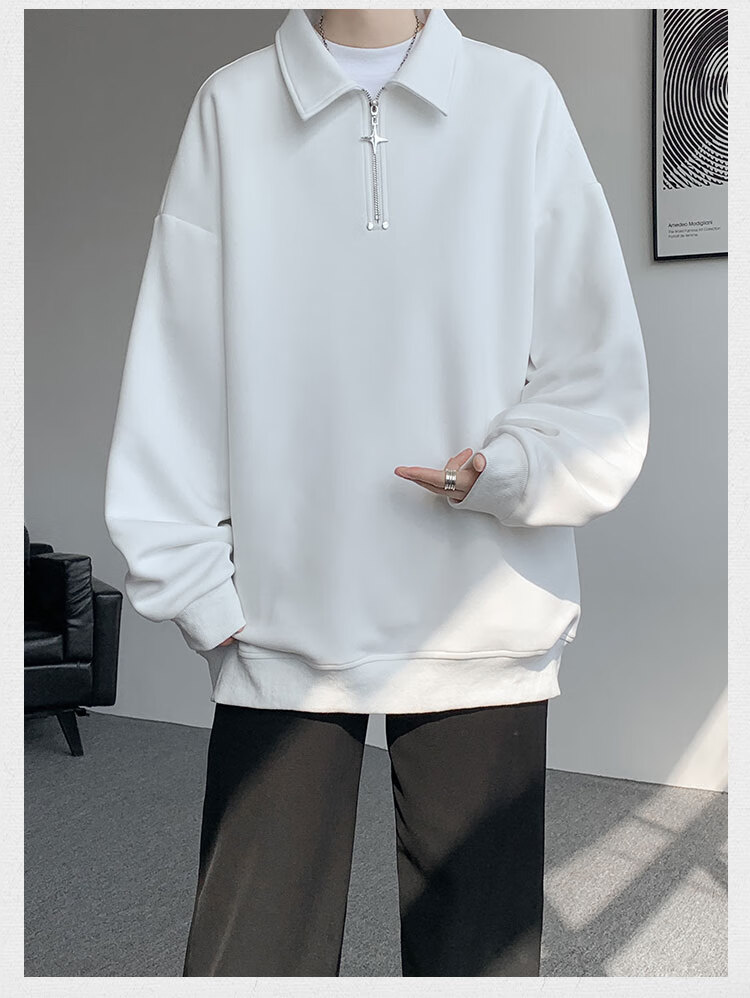 Dingfengbaoluo Half-Zip Top, Spring Versatile Casual Loose Solid Color Long-Sleeve Lapel Sweatshirt TID03 White M 1