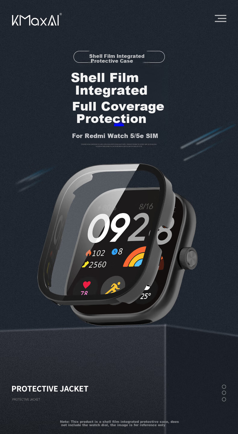 KMaxAI Protective Film And Case for Xiaomi Redmi Watch 5, All-In Full Coverage, Xiaomi Redmi Watch Dial Protector & Screen Film, Anti-Scratch Hard Case, Fingerprint-Resistant Tempered Glass Film, Transparent 1