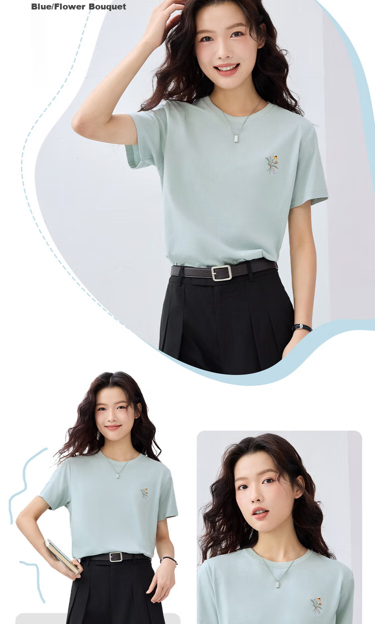 Giordano Women's Short-Sleeve T-Shirt, Summer New Style, Pure Cotton Floral Embroidery, Youthful Casual Round Neck Top, 13325325 15