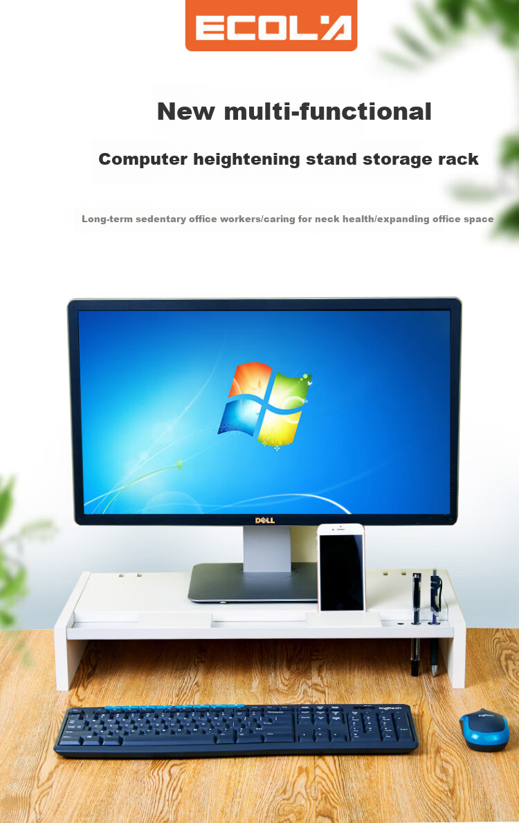 ECOLA Computer Monitor Riser Stand, Desktop Screen Double-Layer Bracket, Office Desk Organizer Shelf, Storage Rack, VT01WT, White 1