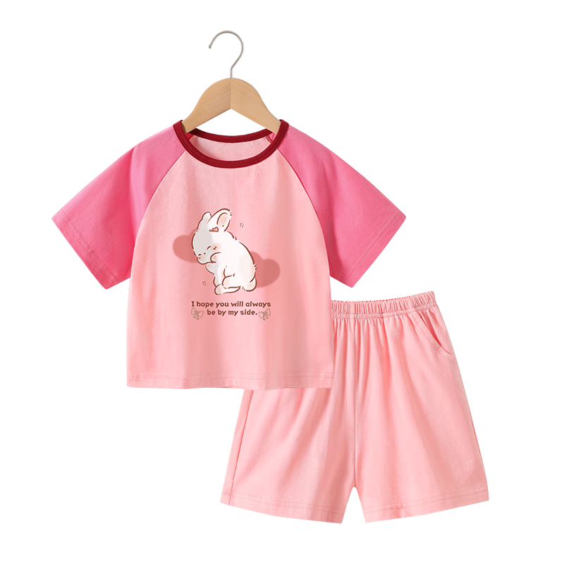 Badi Badi Pure Cotton Children's Short Sleeve and Shorts Set Unisex Versatile Stylish Rose Pink Sleepy Bunny 100
