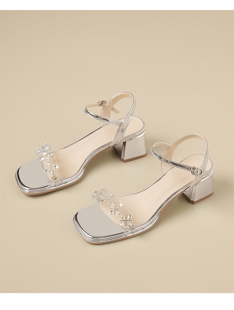 ZHR Zese Women's Summer Elegant Style Chunky Heel Single Strap Sandals French Style Outdoor Shoes KN137 Silver Size 39 17
