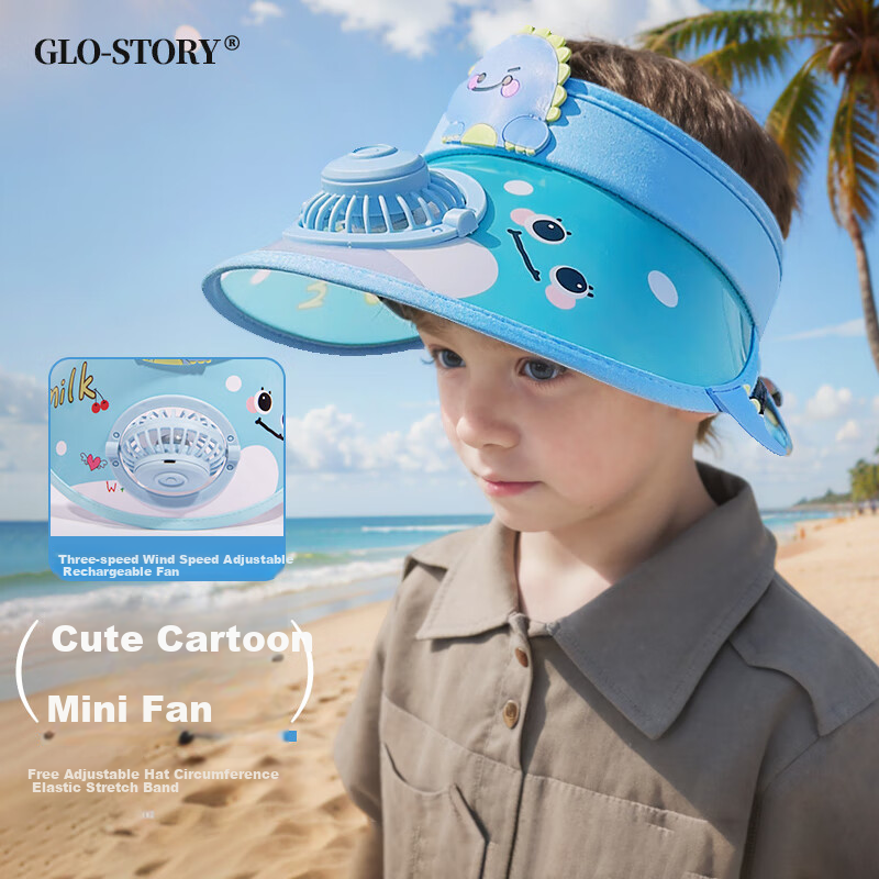 GLO-STORY Summer Children's Sun Hat, Wide Brim Fan Visor Cap, Cartoon Dinosaur Sun Protection Hat, Fan Style - Light Blue