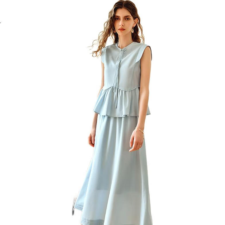 Olrain Elegant Sleeveless Workwear Set - Top and Skirt Two-Piece Summer Women's Outfit Light Blue M