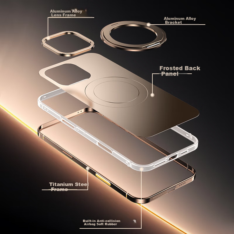 Чехол для iPhone 16 Pro Max IM-CHEN, противоударный, с магнитным кольцом и подставкой, ультратонкий, металлический, матовый, Титановый